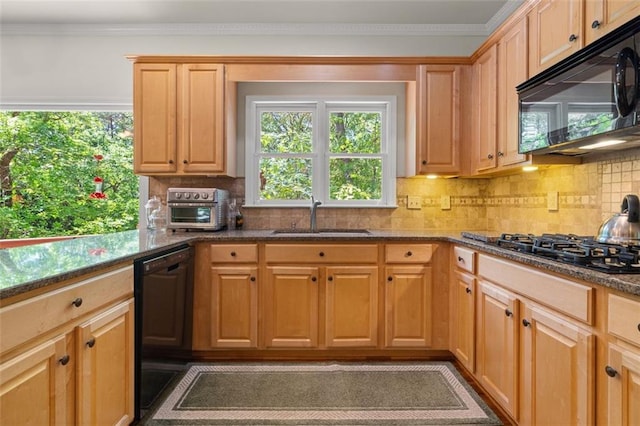 144 Canacaught Pl, Jasper, GA 30143 - kitchen featuring black appliances, a sink, tasteful backsplash, dark stone countertops, and crown molding