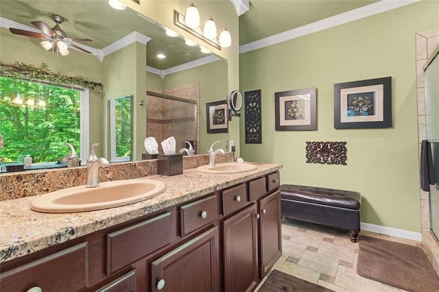 144 Canacaught Pl, Jasper, GA 30143 - full bath with ornamental molding, a shower stall, double vanity, stone finish flooring, and a ceiling fan