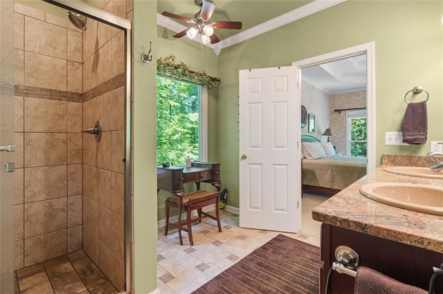 144 Canacaught Pl, Jasper, GA 30143 - full bathroom with crown molding, a stall shower, double vanity, ceiling fan, and ensuite bath