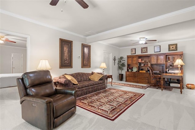 144 Canacaught Pl, Jasper, GA 30143 - living area with a ceiling fan, light carpet, a desk, and ornamental molding