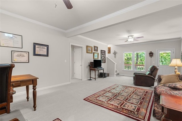 144 Canacaught Pl, Jasper, GA 30143 - carpeted living area with a ceiling fan, stairs, baseboards, and ornamental molding