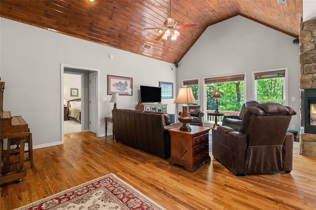 144 Canacaught Pl, Jasper, GA 30143 - living area featuring wood finished floors, a ceiling fan, a stone fireplace, high vaulted ceiling, and wooden ceiling