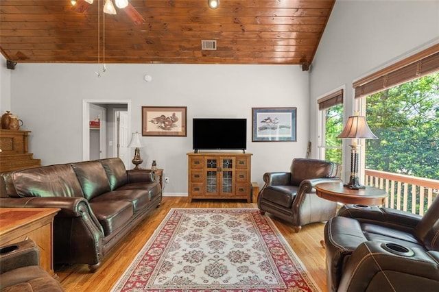 144 Canacaught Pl, Jasper, GA 30143 - living room featuring vaulted ceiling, wooden ceiling, a ceiling fan, and light wood-style floors