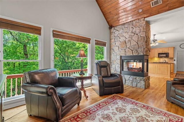 144 Canacaught Pl, Jasper, GA 30143 - living room with plenty of natural light, a fireplace, ceiling fan, light wood finished floors, and high vaulted ceiling