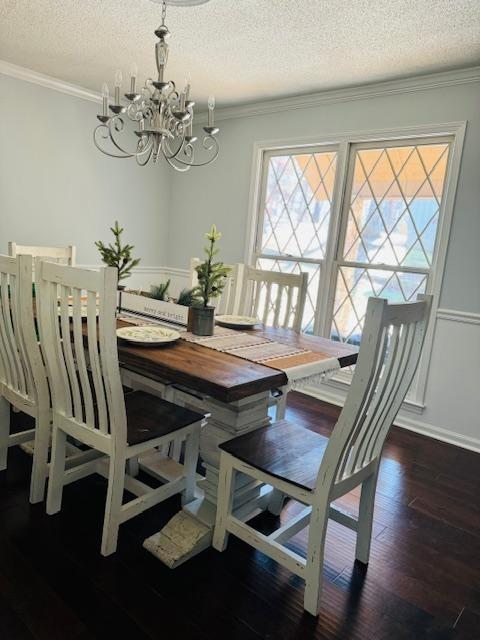 dining room with crown molding, dark wood-type flooring, a chandelier, and a textured ceiling