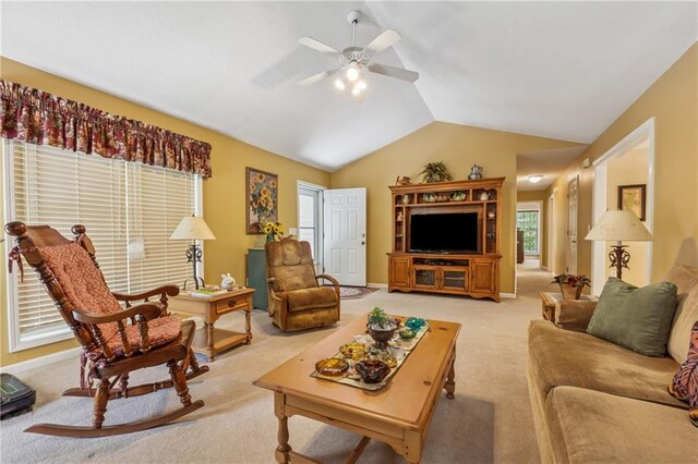 6960 Worley Rd, Cumming, GA 30028 - living room with lofted ceiling, ceiling fan, and light carpet