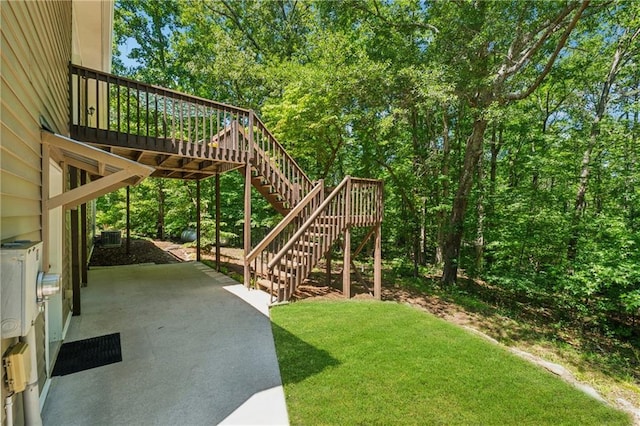 6960 Worley Rd, Cumming, GA 30028 - view of green lawn with stairway, a patio area, cooling unit, and a deck