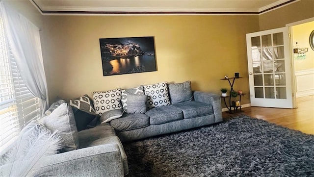 living room featuring crown molding and wood finished floors