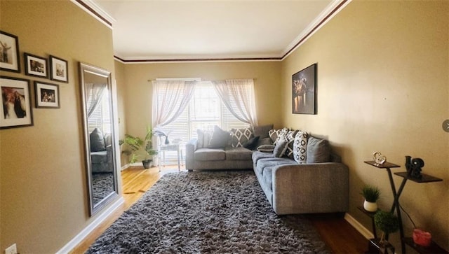 living room featuring ornamental molding, baseboards, and wood finished floors