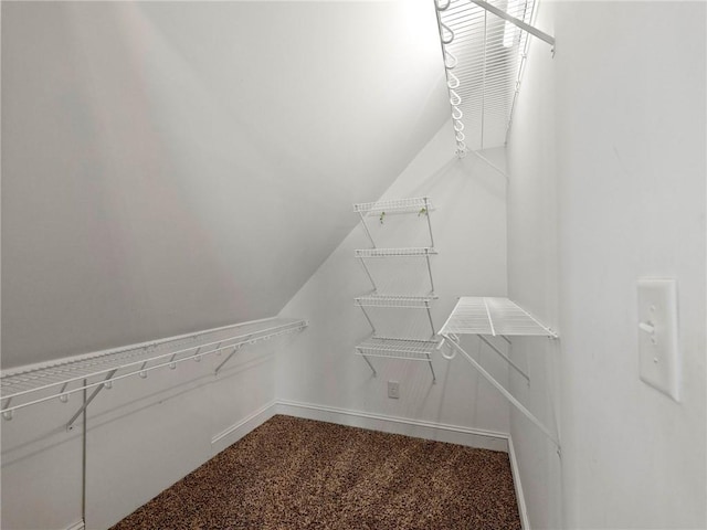 spacious closet with carpet floors and lofted ceiling