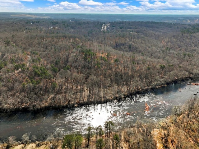 bird's eye view featuring a wooded view