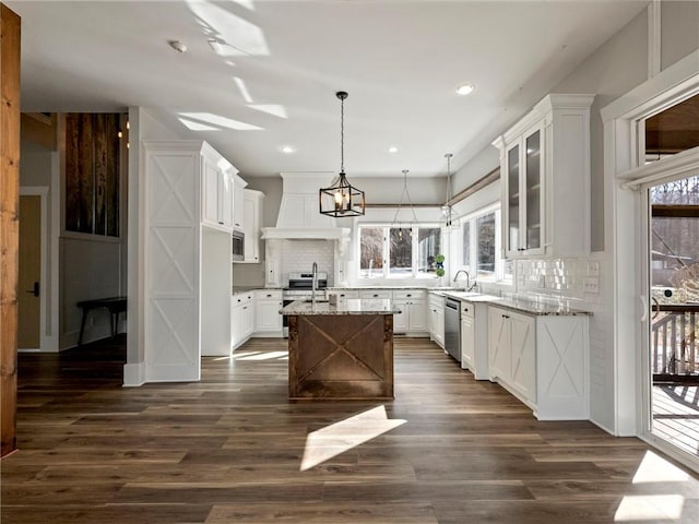 kitchen with tasteful backsplash, appliances with stainless steel finishes, light stone counters, dark wood-style flooring, and custom exhaust hood