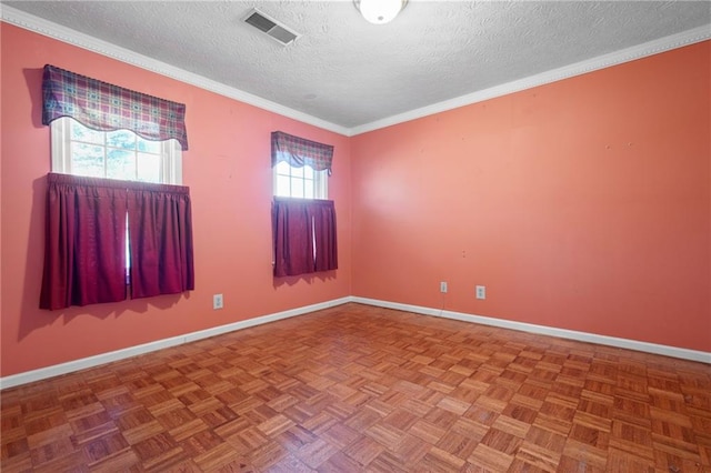 unfurnished room featuring crown molding, parquet flooring, and a textured ceiling