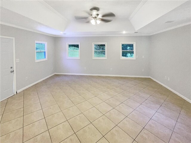 2492 Wild Rose Cir, Lawrenceville, GA 30044 - empty room featuring ornamental molding, a tray ceiling, ceiling fan, light tile patterned floors, and recessed lighting