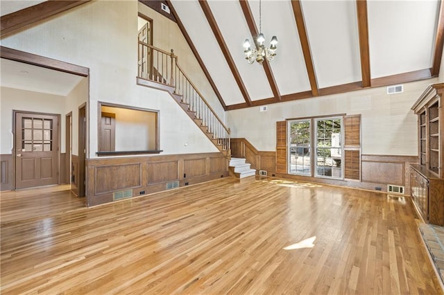 unfurnished living room featuring a wainscoted wall, visible vents, and beamed ceiling