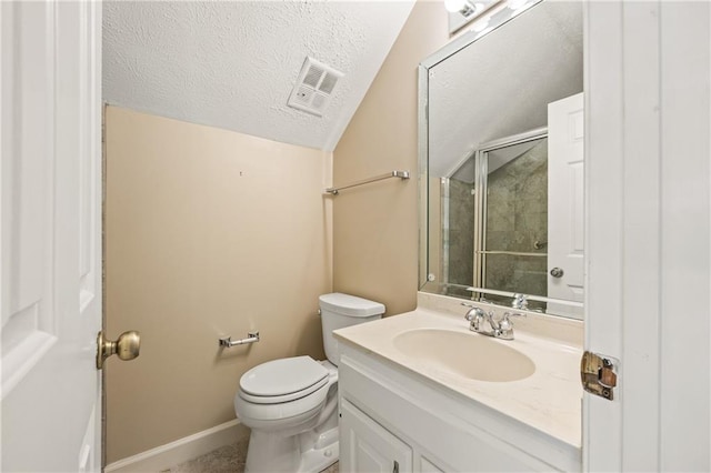 bathroom with a shower with door, visible vents, toilet, a textured ceiling, and vanity