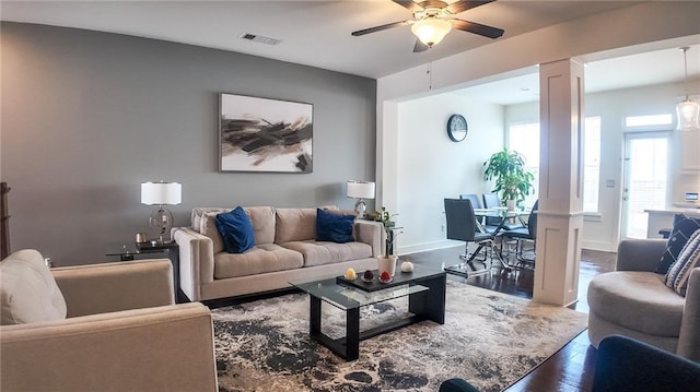 114 Garrison Dr, Winder, GA 30680 - living room featuring ceiling fan and wood finished floors