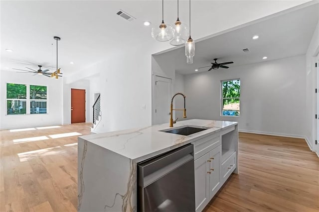 1835 Taylor Ave, East Point, GA 30344 - kitchen featuring stainless steel dishwasher, a ceiling fan, open floor plan, and recessed lighting