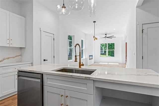 1835 Taylor Ave, East Point, GA 30344 - kitchen with dishwasher, hanging light fixtures, white cabinetry, ceiling fan, and recessed lighting