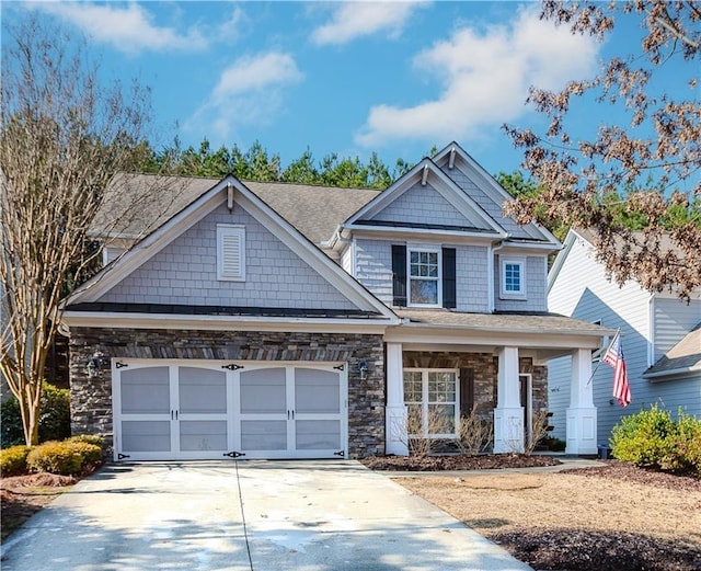 craftsman inspired home featuring an attached garage, stone siding, covered porch, and concrete driveway