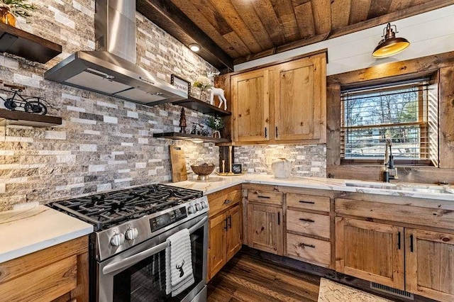 kitchen featuring sink, backsplash, stainless steel gas range oven, dark hardwood / wood-style flooring, and wall chimney exhaust hood