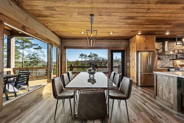 dining space featuring wood-type flooring and wooden ceiling