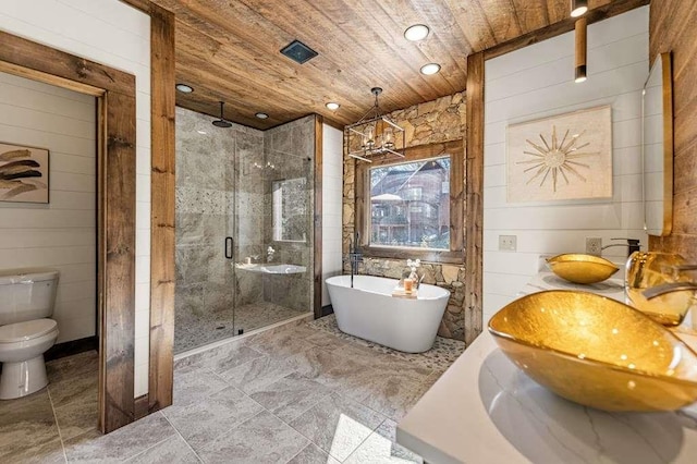 full bathroom featuring wooden ceiling, wood walls, toilet, and separate shower and tub