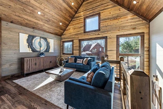 living room with dark wood-type flooring, wood walls, wood ceiling, high vaulted ceiling, and radiator