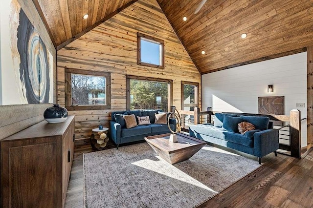 living room featuring wooden walls, dark hardwood / wood-style flooring, high vaulted ceiling, and wooden ceiling