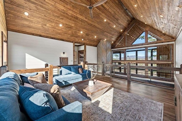 living room with high vaulted ceiling, dark hardwood / wood-style floors, wood ceiling, and wood walls