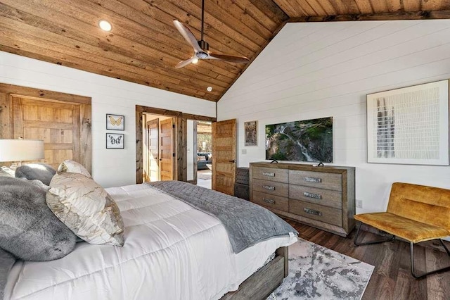 bedroom featuring wood ceiling, ceiling fan, dark hardwood / wood-style floors, and high vaulted ceiling