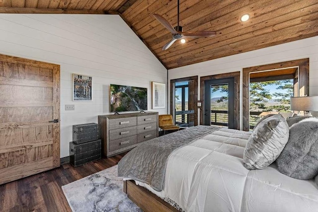 bedroom with high vaulted ceiling, wooden walls, dark hardwood / wood-style flooring, access to outside, and wood ceiling