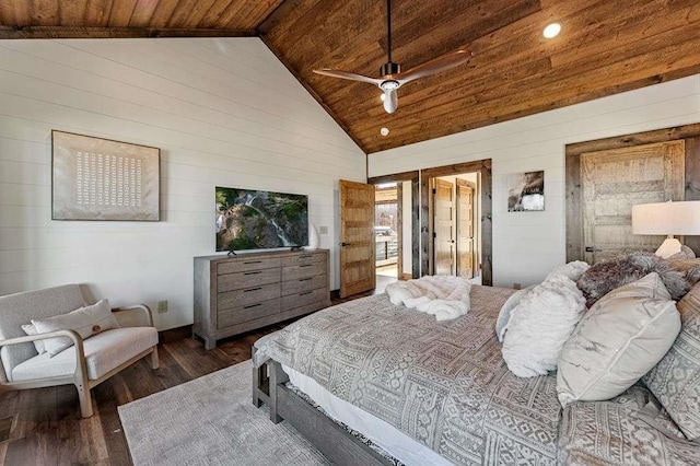 bedroom with dark wood-type flooring, wooden walls, and wood ceiling