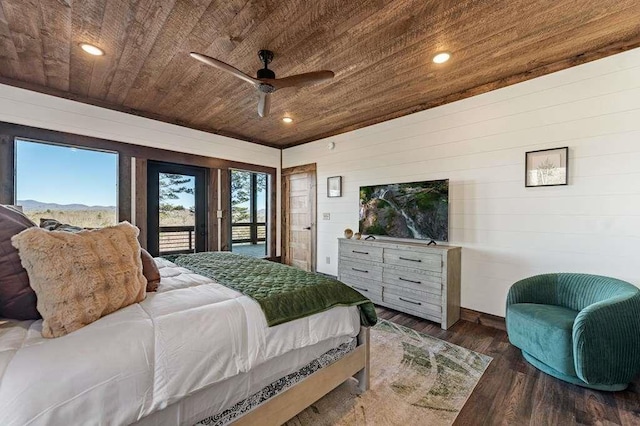 bedroom featuring dark hardwood / wood-style flooring, access to outside, wooden ceiling, and ceiling fan