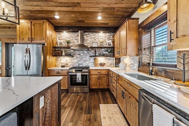 kitchen with appliances with stainless steel finishes, sink, dark hardwood / wood-style flooring, wall chimney range hood, and wooden ceiling