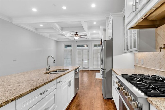 kitchen featuring dark hardwood / wood-style floors, sink, white cabinets, premium range hood, and appliances with stainless steel finishes