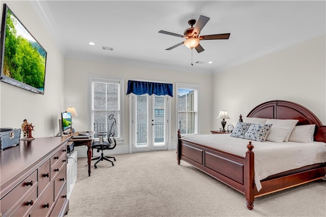 bedroom featuring light carpet, crown molding, access to exterior, and ceiling fan