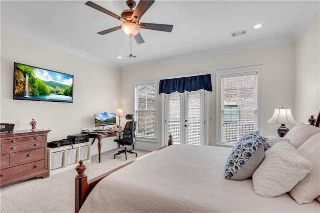 bedroom with ceiling fan, access to outside, ornamental molding, carpet floors, and french doors