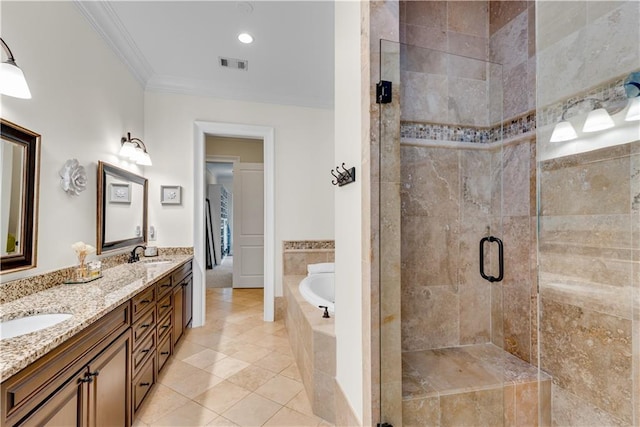 bathroom with vanity, crown molding, separate shower and tub, and tile patterned flooring