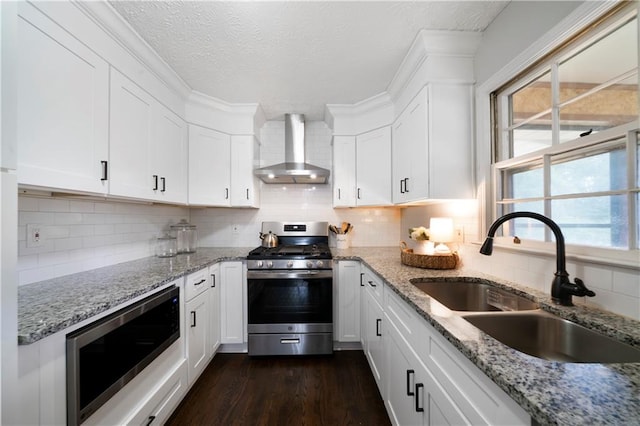 kitchen with white cabinets, appliances with stainless steel finishes, sink, and wall chimney range hood