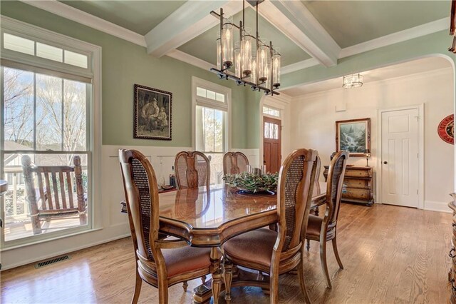 103 Old Avery Dr, Canton, GA 30115 - dining room featuring beamed ceiling, plenty of natural light, light wood-style flooring, crown molding, and a chandelier