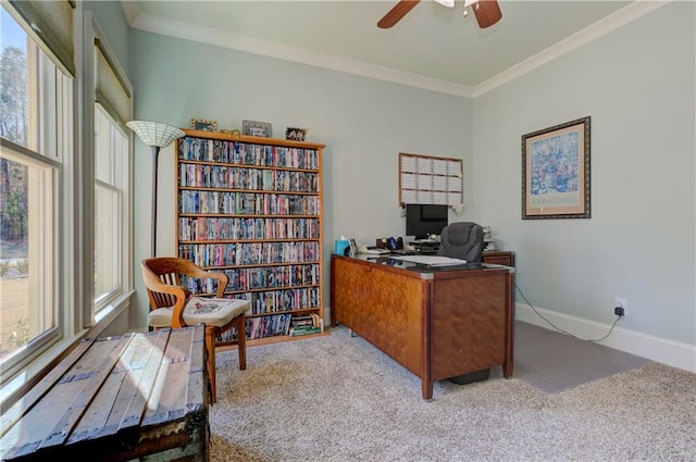 103 Old Avery Dr, Canton, GA 30115 - carpeted home office featuring ornamental molding, ceiling fan, and baseboards