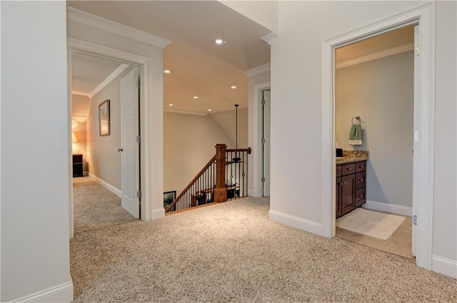 103 Old Avery Dr, Canton, GA 30115 - corridor with an upstairs landing, light carpet, ornamental molding, recessed lighting, and baseboards
