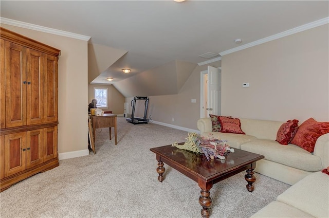 103 Old Avery Dr, Canton, GA 30115 - living room with baseboards, light carpet, crown molding, and vaulted ceiling