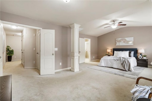 bedroom with light colored carpet, vaulted ceiling, and ceiling fan