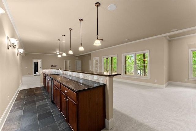 kitchen featuring crown molding, baseboards, and open floor plan
