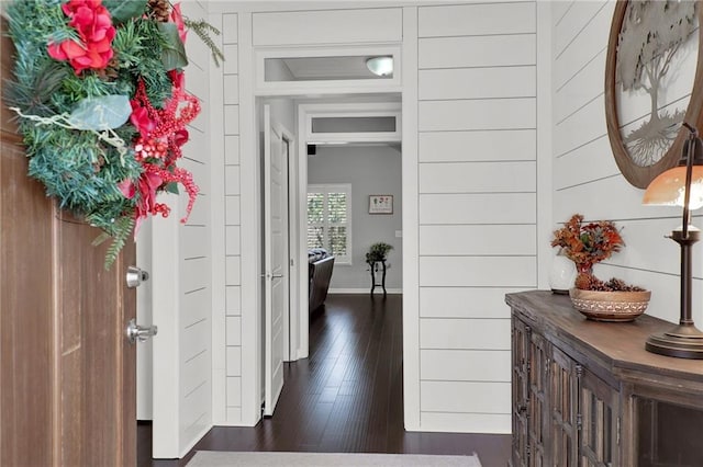 corridor with dark hardwood / wood-style floors and wood walls