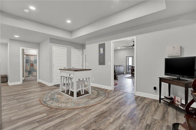 interior space featuring electric panel, light hardwood / wood-style flooring, and ceiling fan