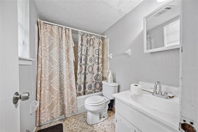 1991 Flat Shoals Rd, Riverdale, GA 30296 - bathroom featuring shower / bath combination with curtain, a textured ceiling, vanity, and tile patterned flooring