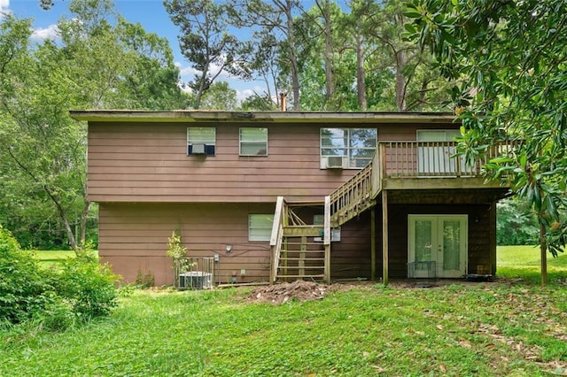 1991 Flat Shoals Rd, Riverdale, GA 30296 - back of house with stairs, french doors, a deck, and a yard